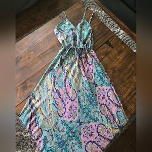 Silk Maxi Boho Dress Aqua/Tan/Pink - NWT Size Small/Medium